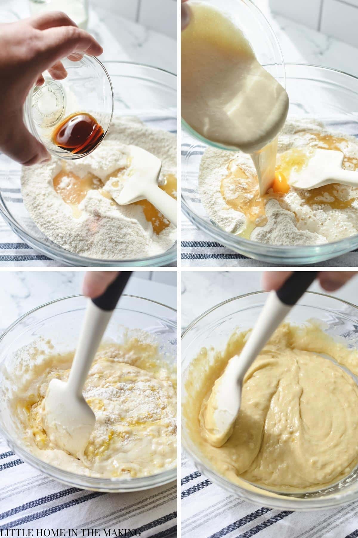 Adding wet ingredients and mixing up a batter.