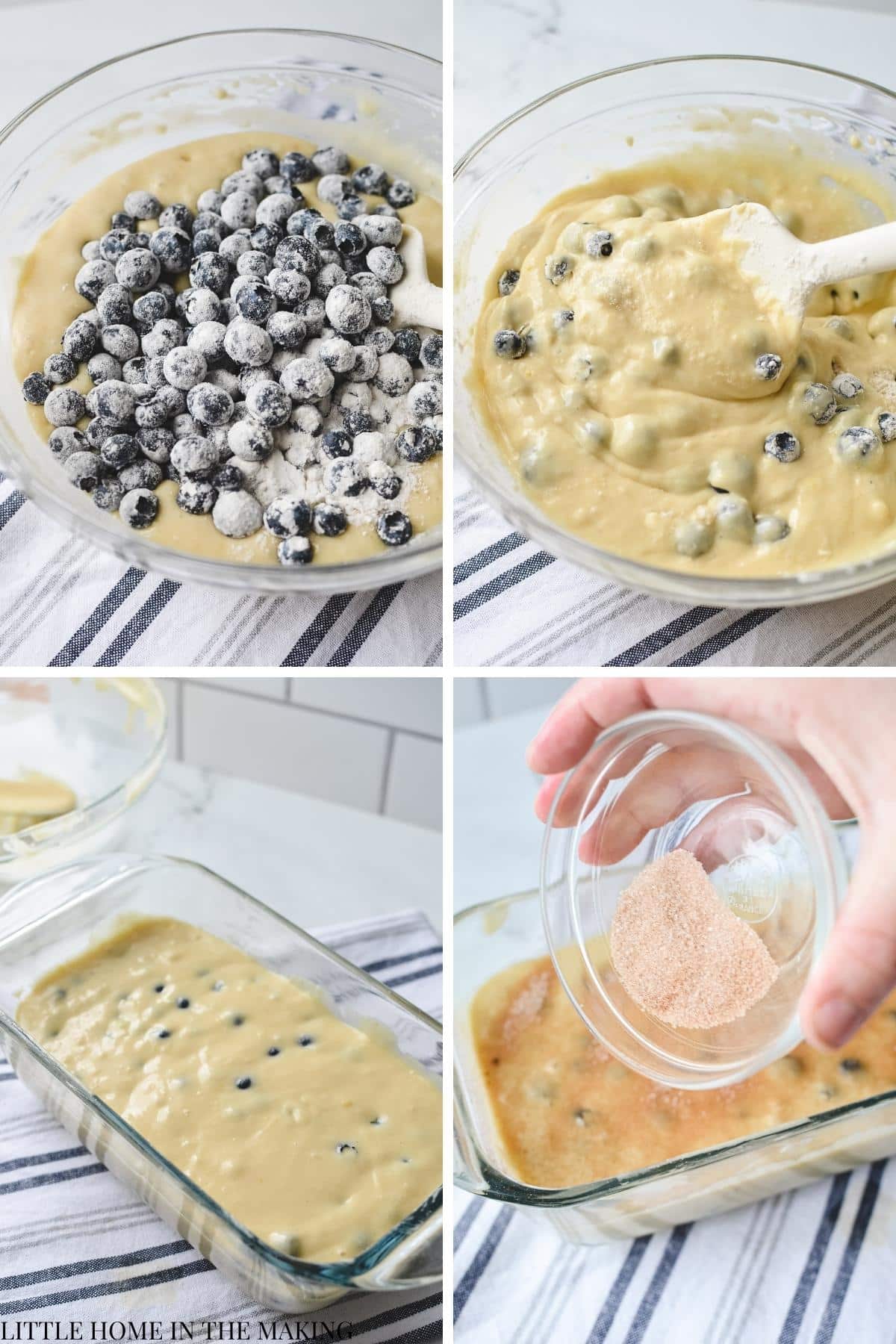 Folding blueberries into a quick bread batter.