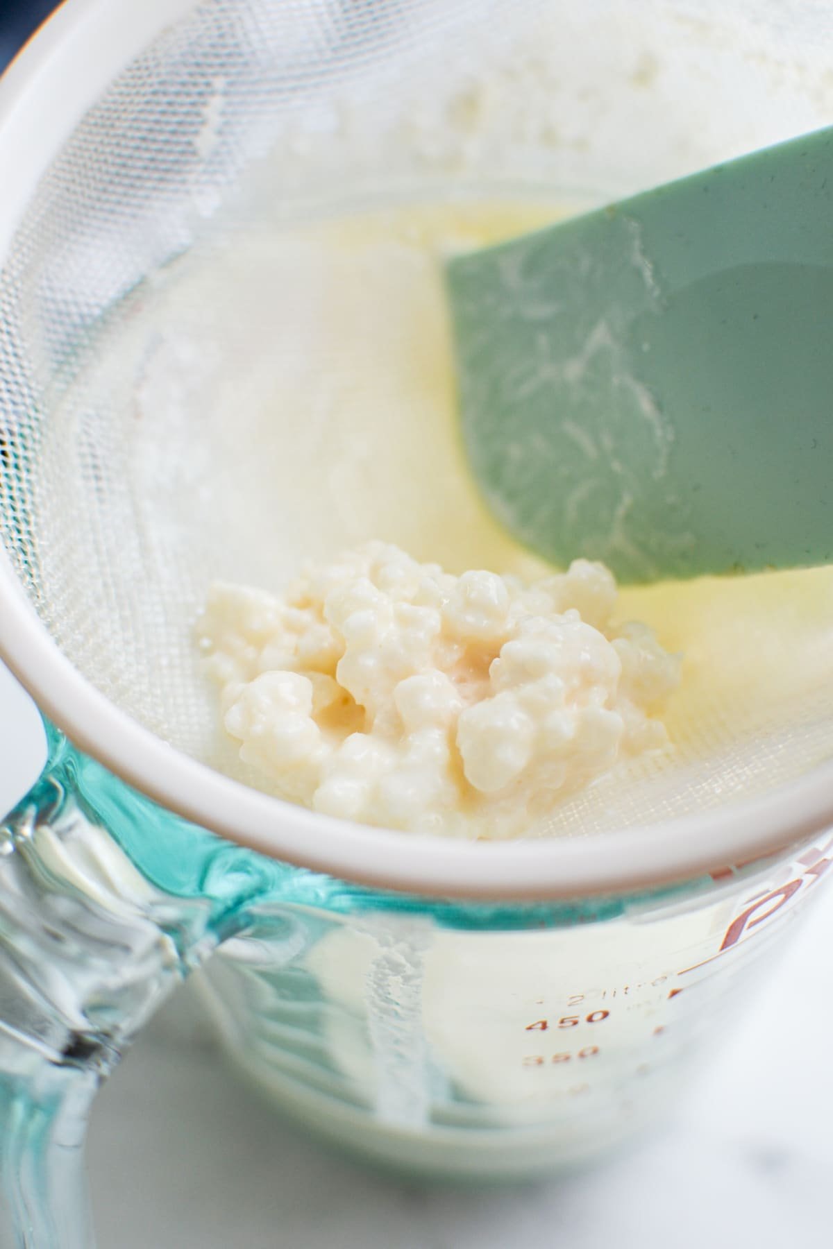 A glass measuring cup with cultured grains in the top.