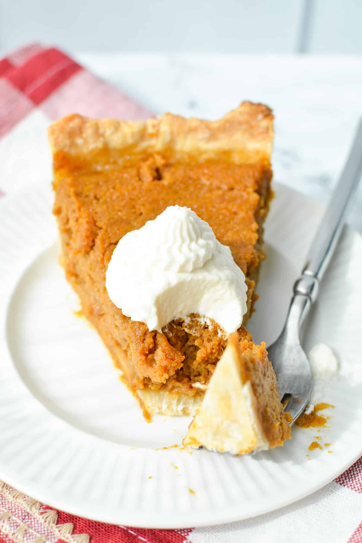 A slice of pumpkin pie topped with whipped cream.