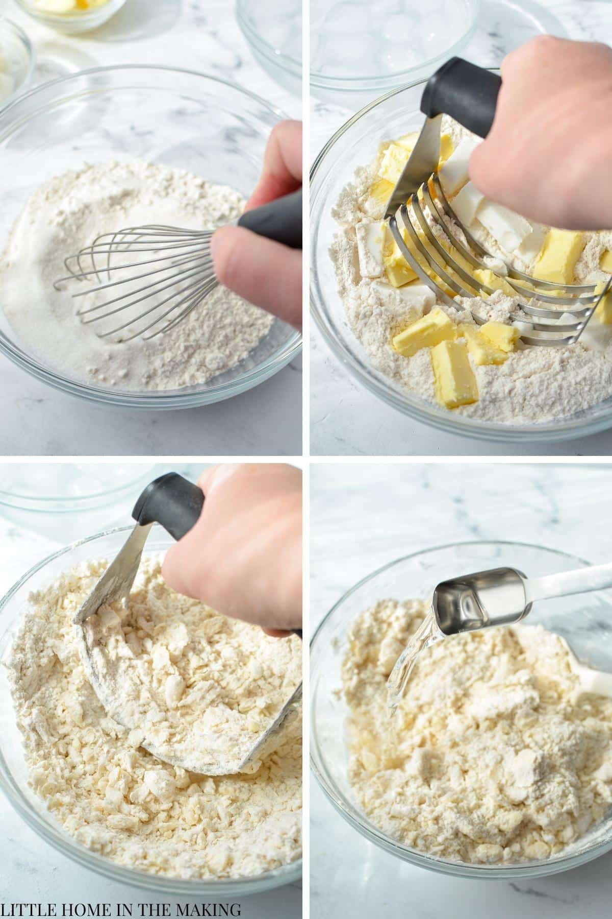 Cutting fat into flour to make pie crust.