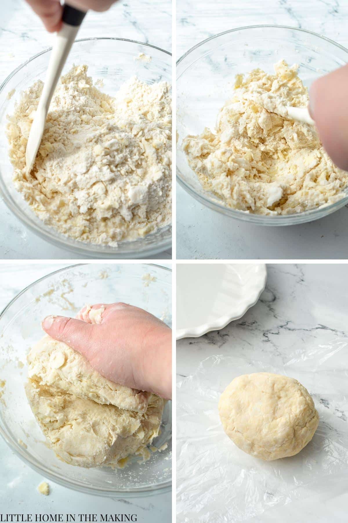 Mixing together flour with water to make dough.