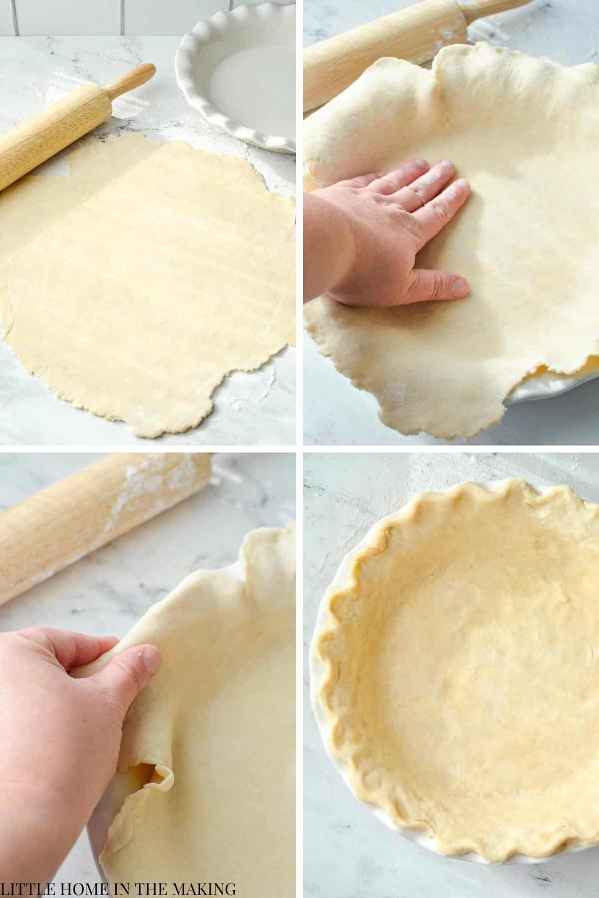 Rolling out pie dough to make a pie crust.