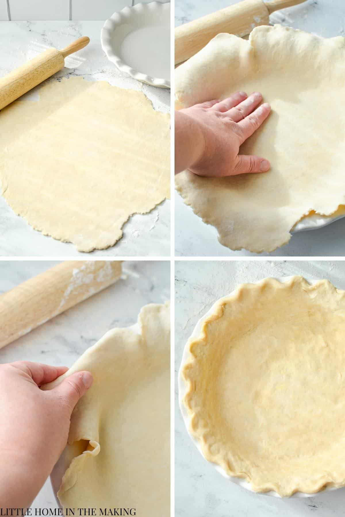 Rolling out pie dough to make a pie crust.