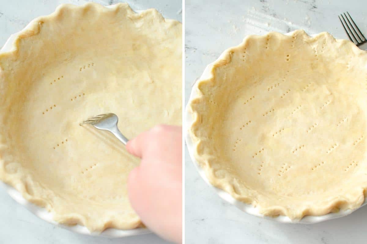 Poking holes in a crust with the tines of a fork.