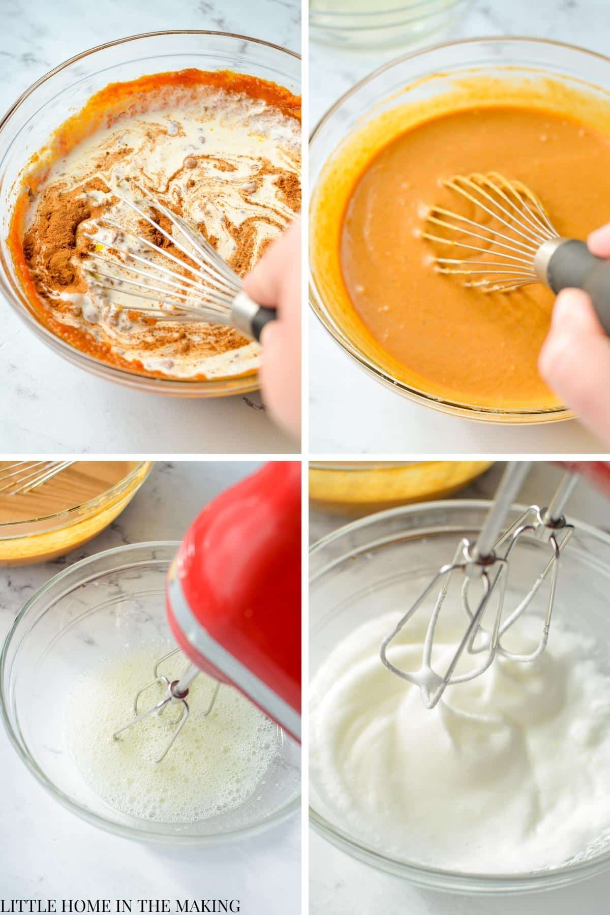 Mixing together a filling with a whisk.