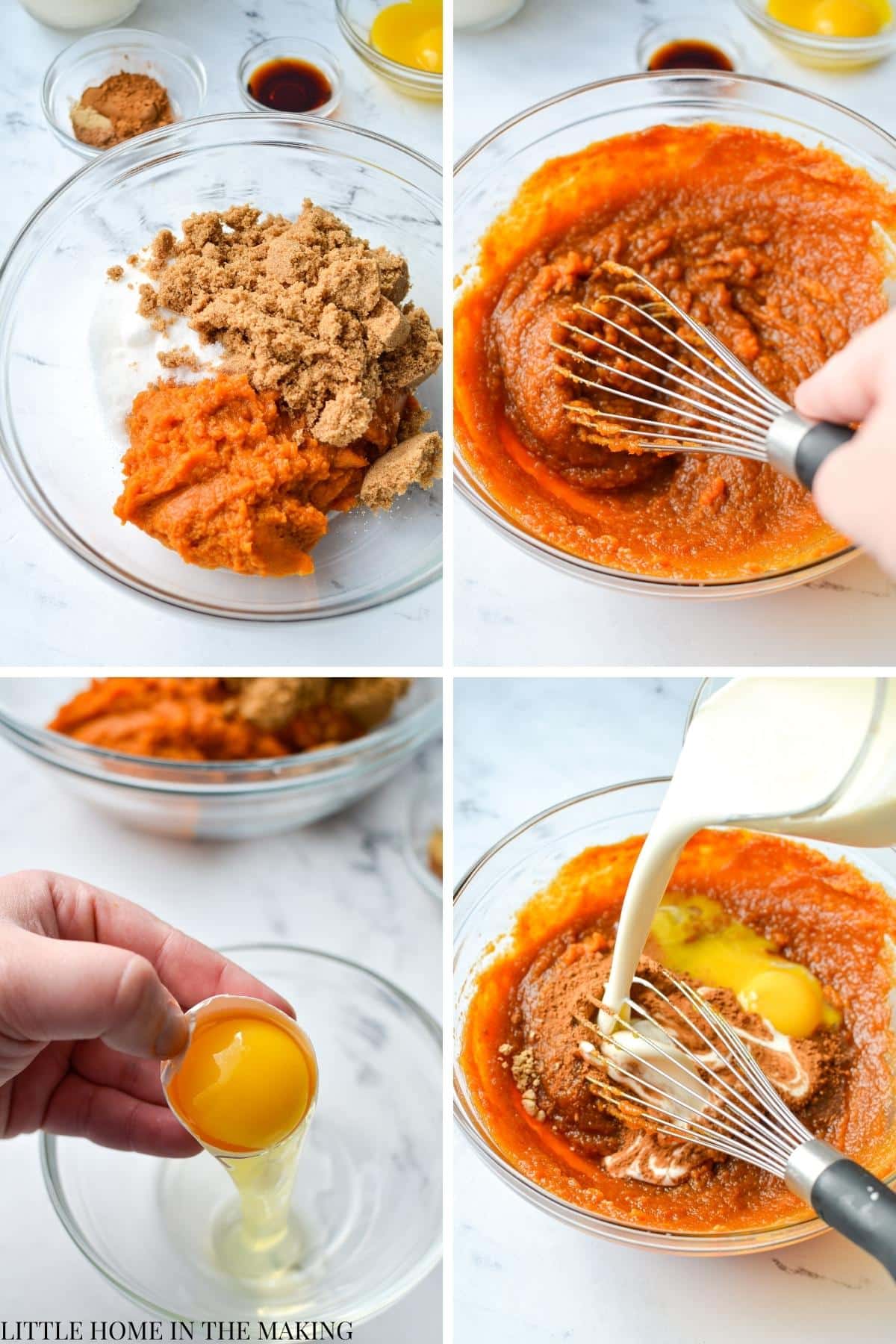 Adding pumpkin puree to a bowl with sugar, heavy cream, and egg yolks.