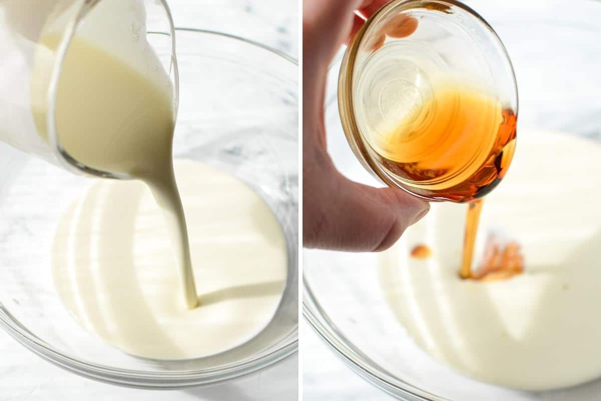 Adding maple syrup to a bowl of heavy cream.