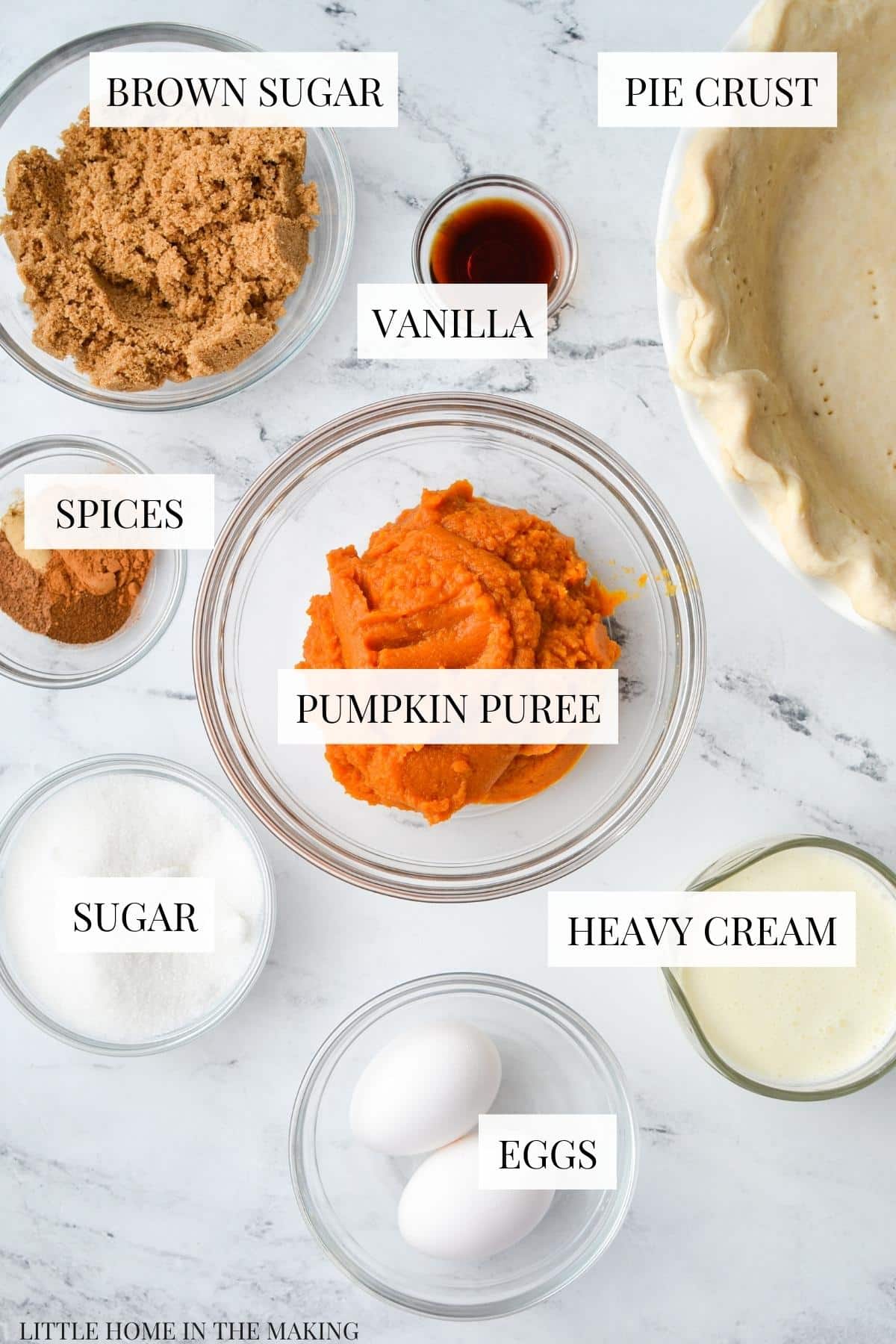 The ingredients needed to make a pumpkin custard pie, including pumpkin puree, pie crust, and sugar.