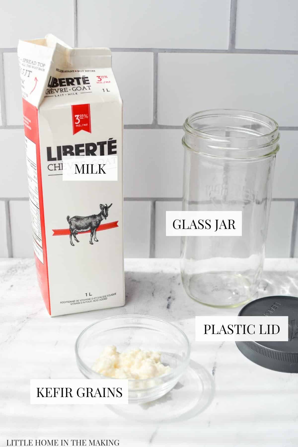 The ingredients needed to make kefir: milk, grains, a glass jar, and a lid.