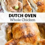A whole chicken in a Dutch Oven.