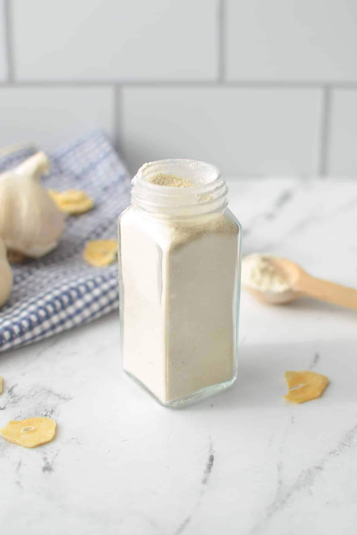 A jar of homemade garlic powder.