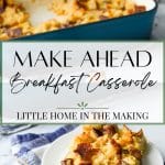 A square of a make ahead breakfast casserole made with bread, egg and sausage.