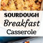 A casserole dish filled with breakfast casserole.