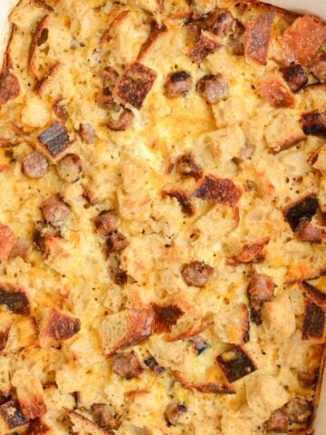 An overhead view of a breakfast casserole.