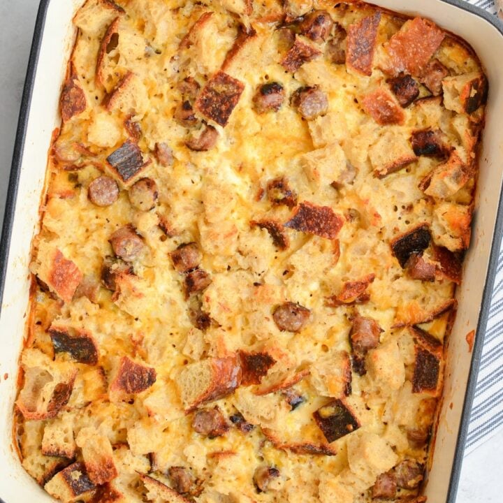 An overhead view of a breakfast casserole.