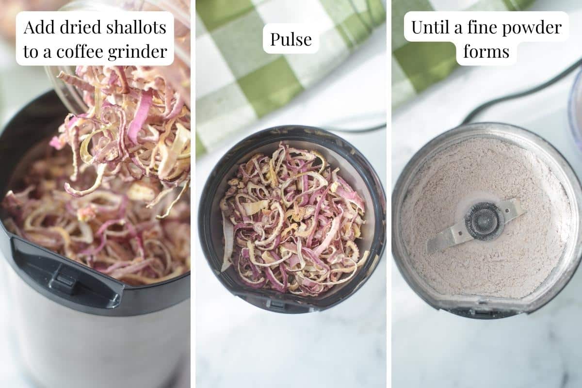 Adding shallots to a coffee grinder.
