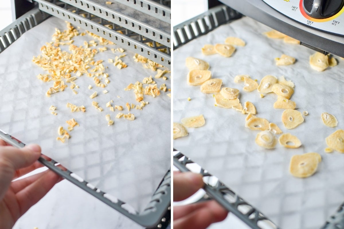 Removing trays of dried garlic from a dehydrator.