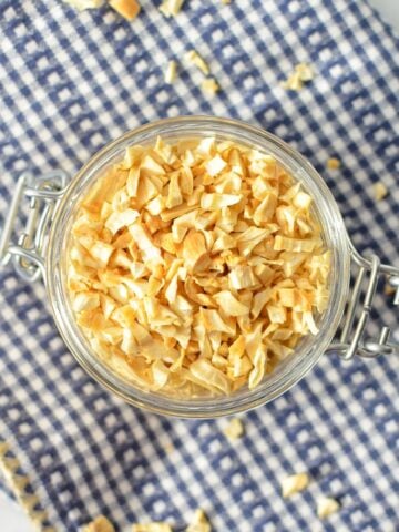 A jar of dried minced garlic.