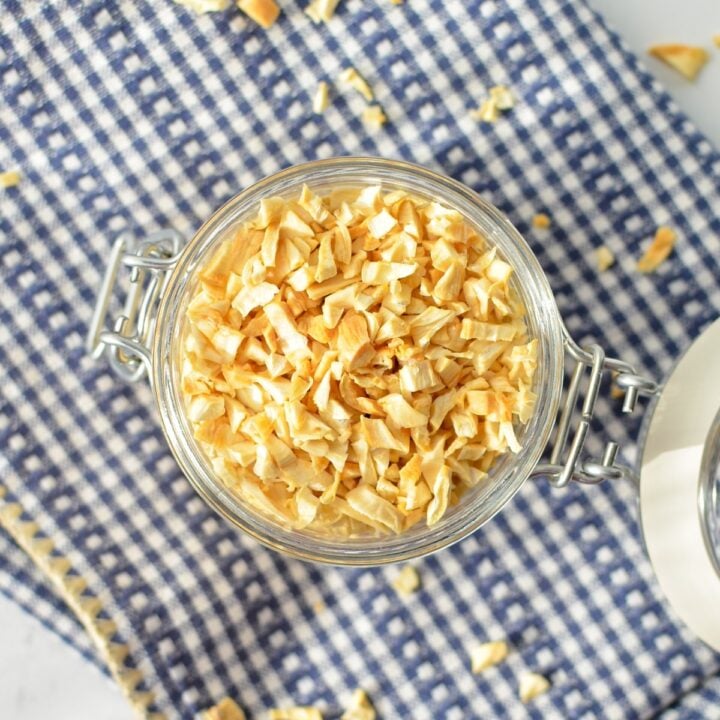 A jar of dried minced garlic.