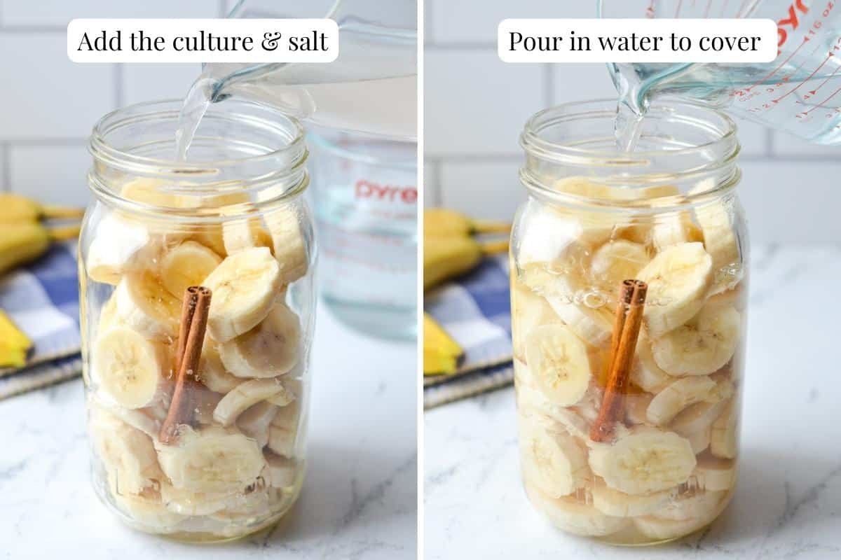 Adding water to a jar of sliced banana with cinnamon.