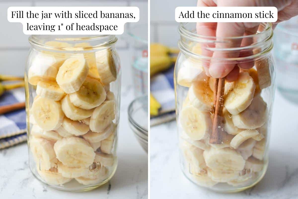 Adding a cinnamon stick to a jar of banana slices.