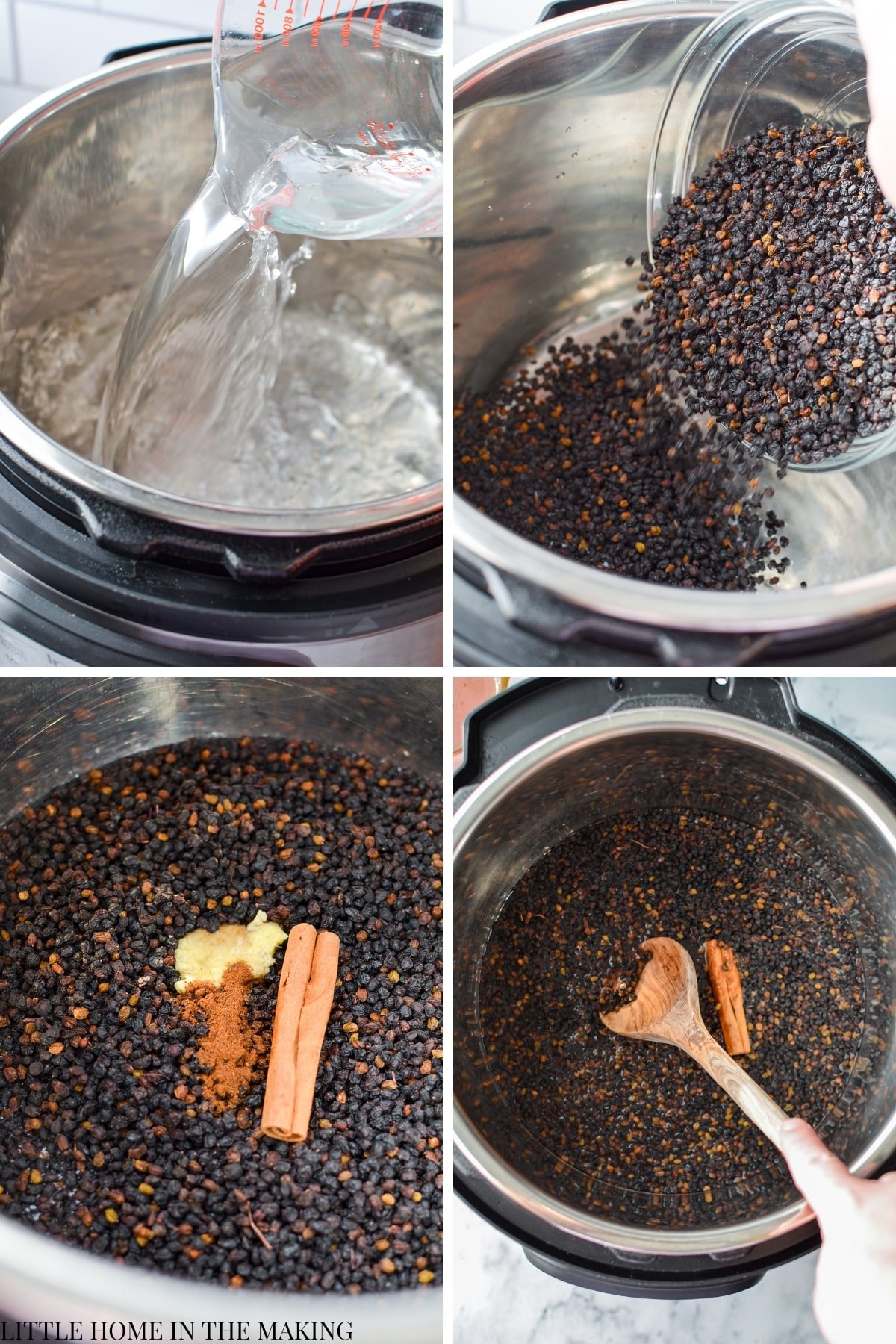 Adding water and elderberries to an Instant Pot.