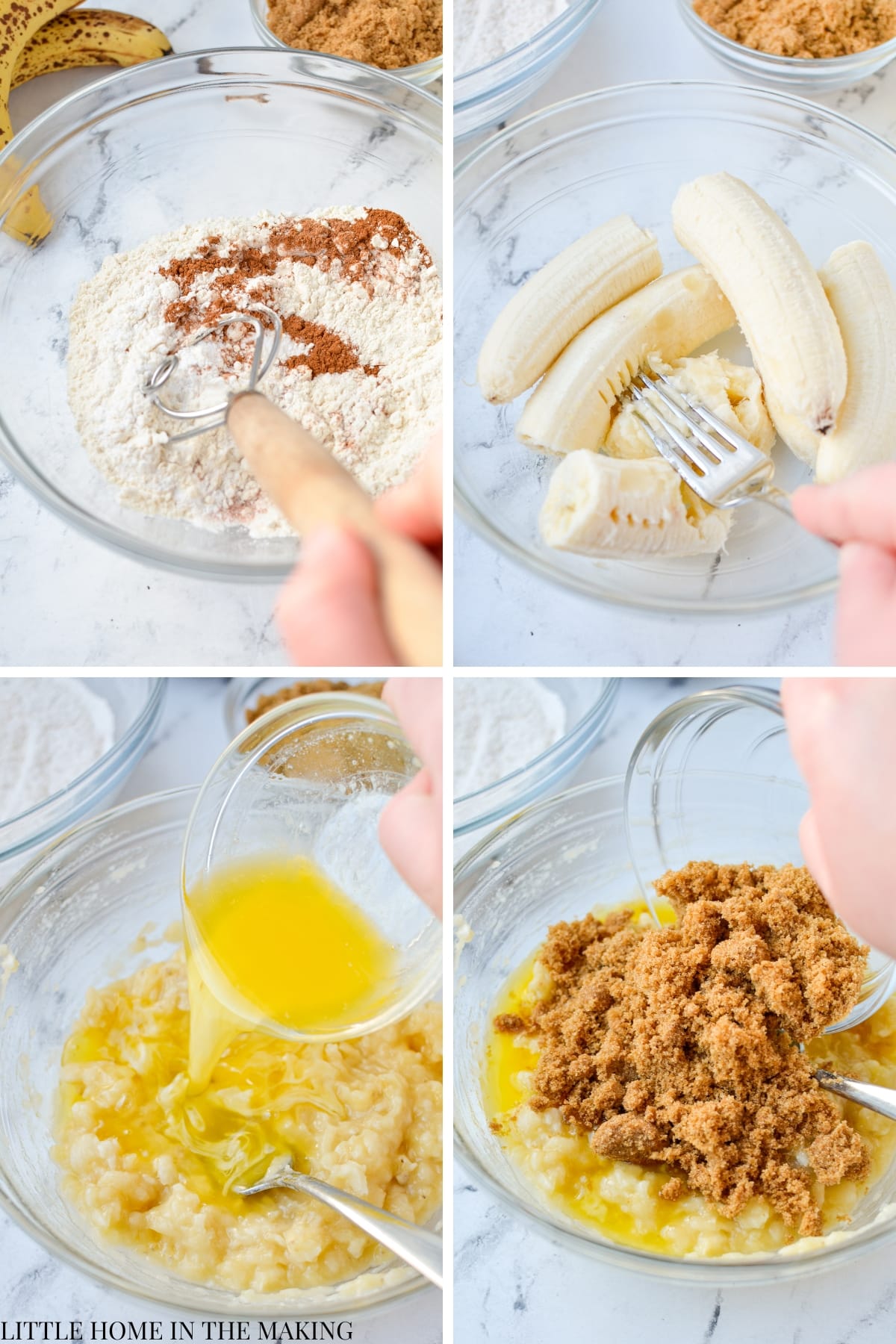 Mixing dry ingredients and mashing banana.