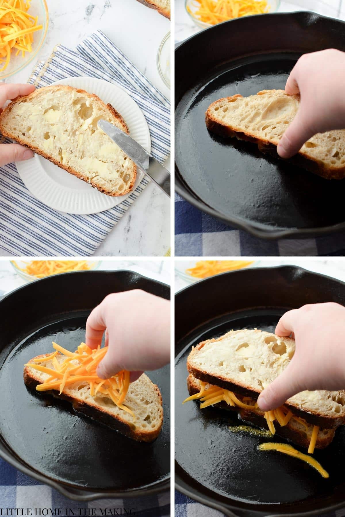 Making a grilled cheese sandwich in a cast iron skillet.