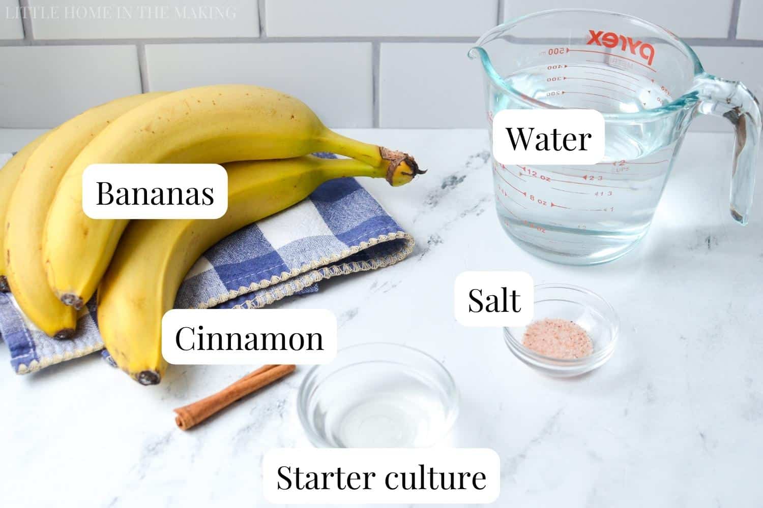 The ingredients needed to ferment bananas: including bananas, cinnamon stick, salt, starter culture, and water.