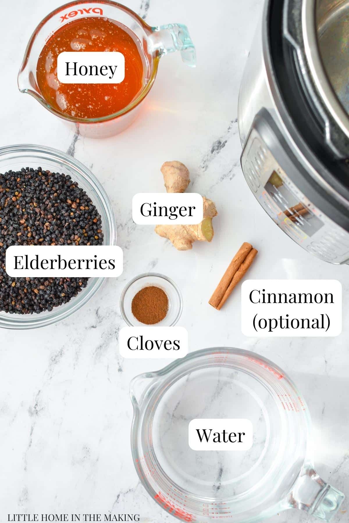 The ingredients needed to make Instant Pot elderberry syrup: water, elderberries, honey, ginger, cloves, and cinnamon.