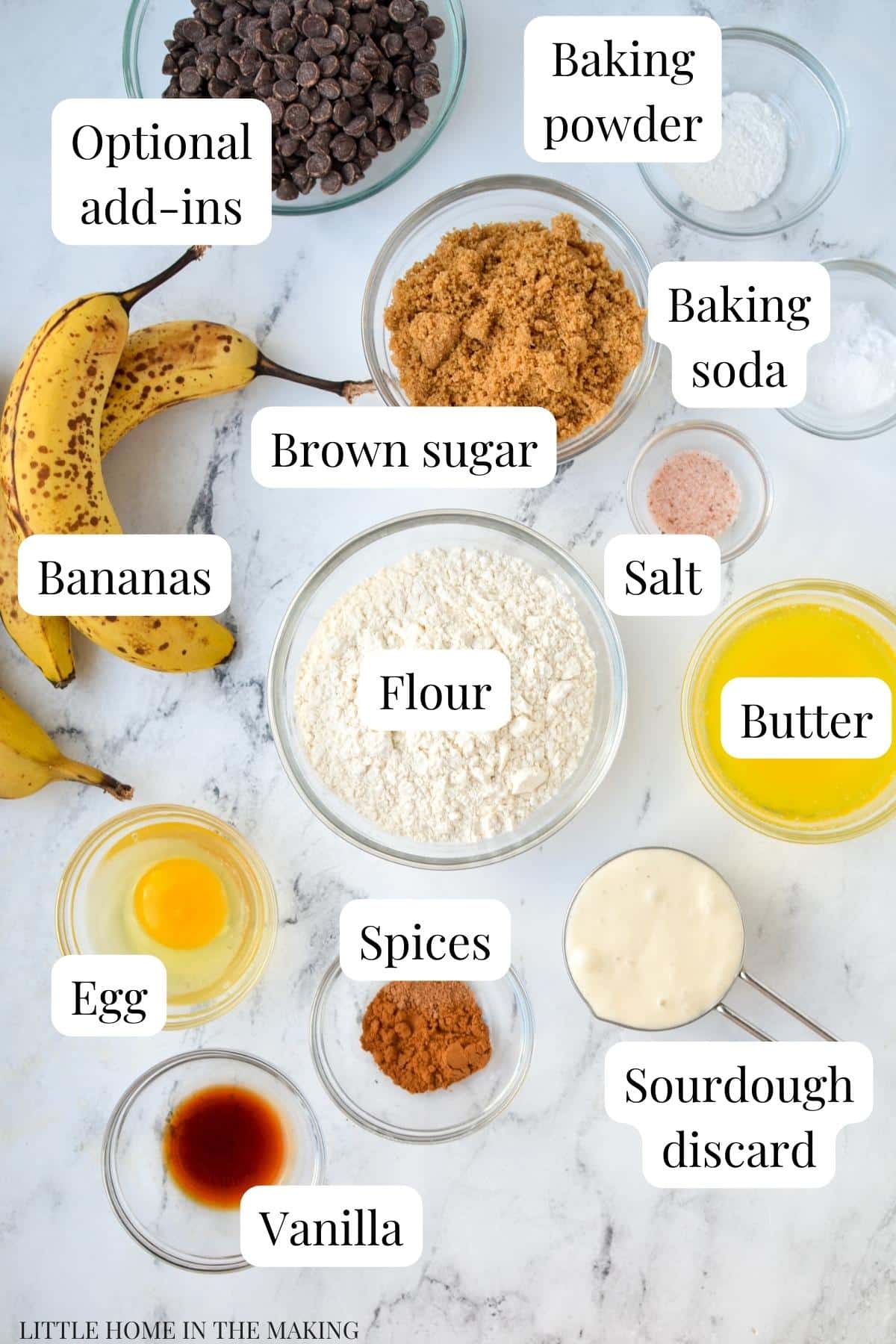 The ingredients needed to make sourdough banana muffins: banana, sourdough starter, butter, etc.