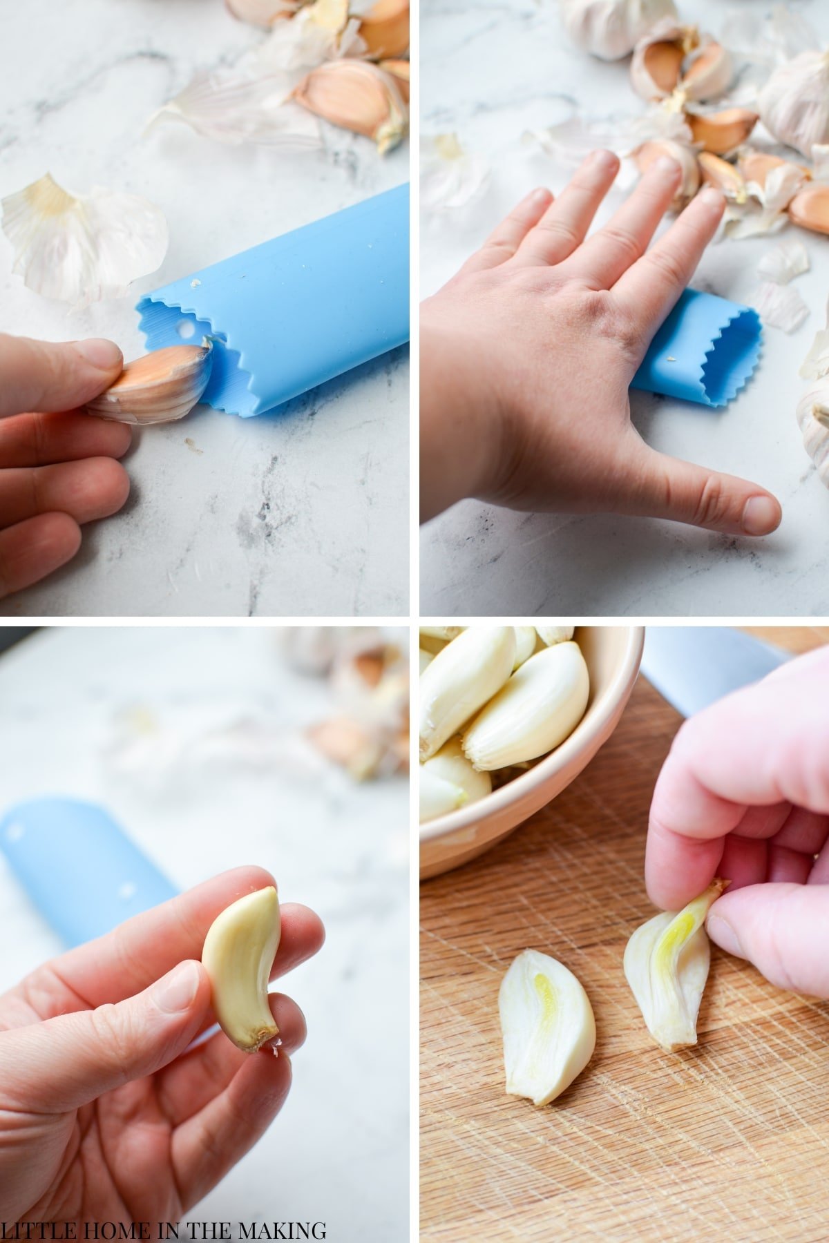 Peeling garlic using a silicone tube.