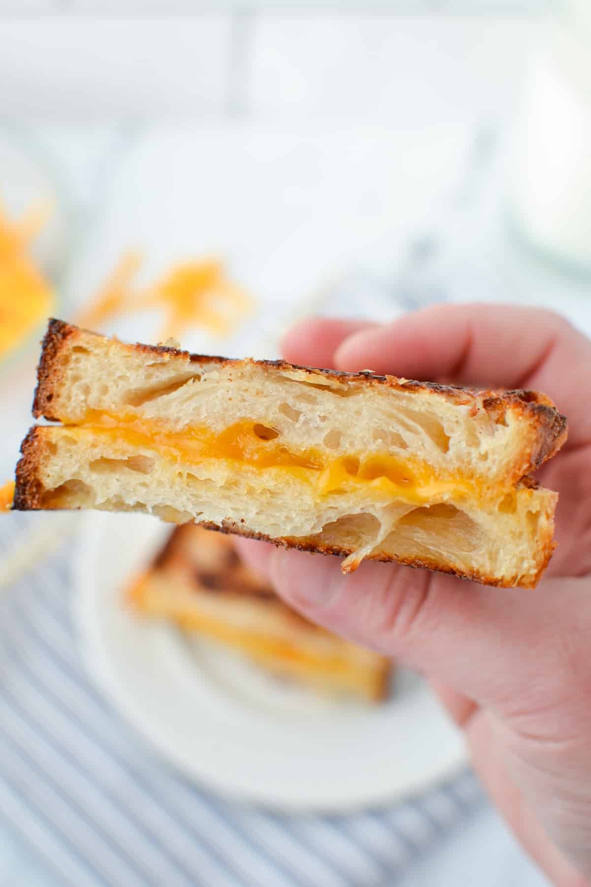 A close up of a grilled cheese sandwich.