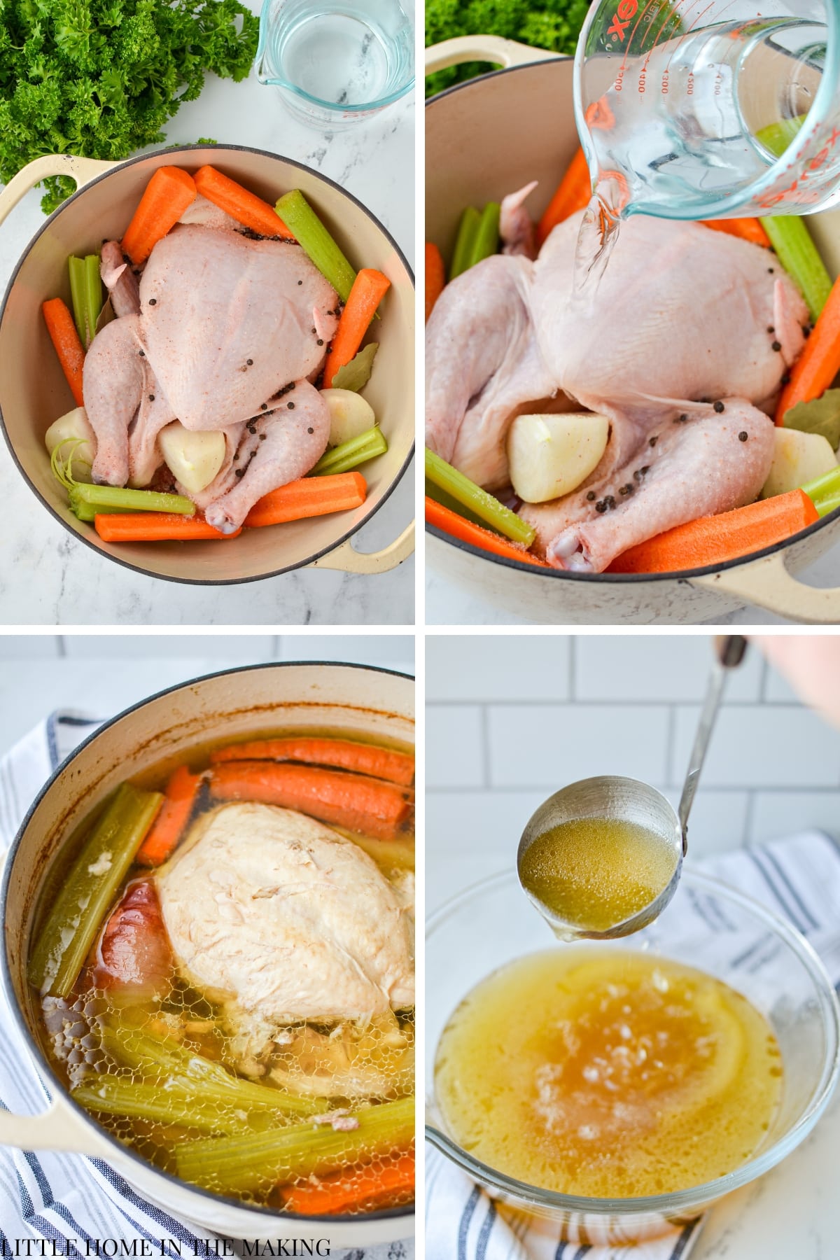 Simmering a whole chicken with vegetables in a Dutch Oven to make broth.