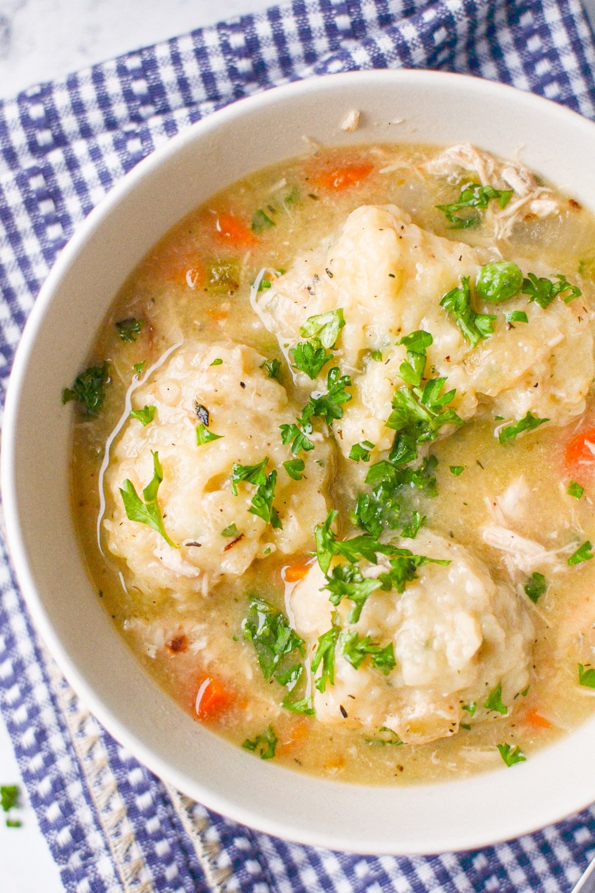 A bowl of chicken stew with dumplings, garnished with parsley.