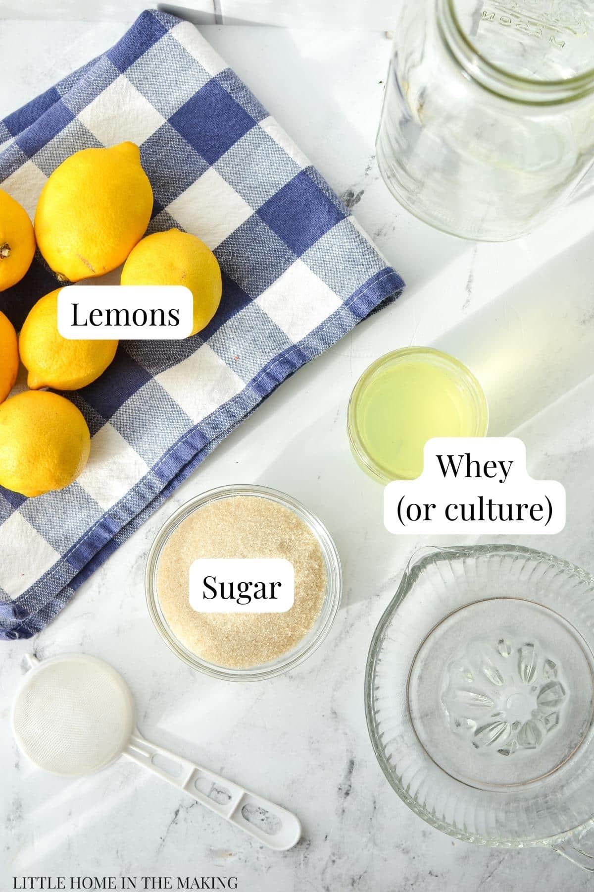 The ingredients needed to make whey lemonade: whey, lemons, sugar, and water.