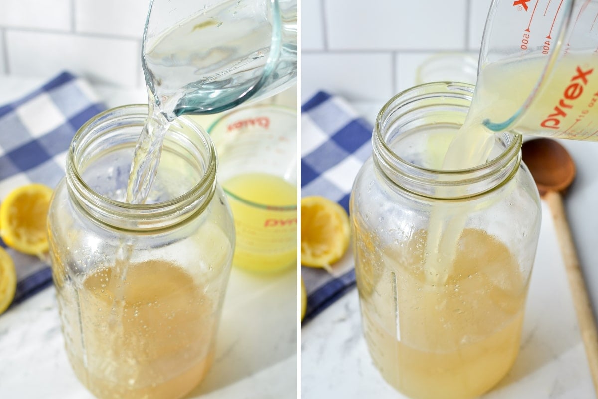 Adding water and lemon juice to a half gallon mason jar.