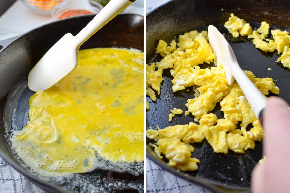 Adding eggs to a skillet and scrambling them.