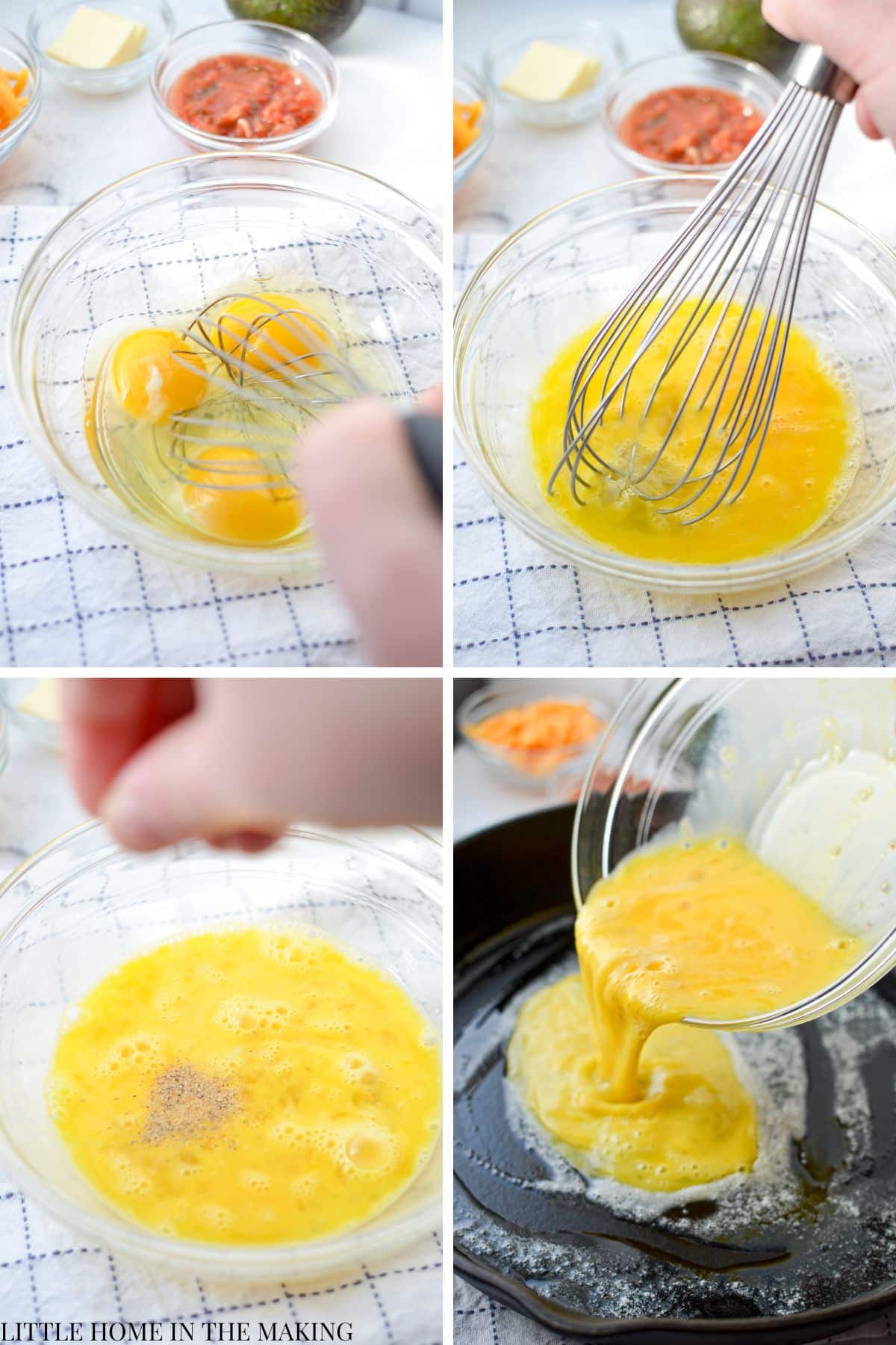 Whisking together eggs and pouring them into a cast iron skillet.