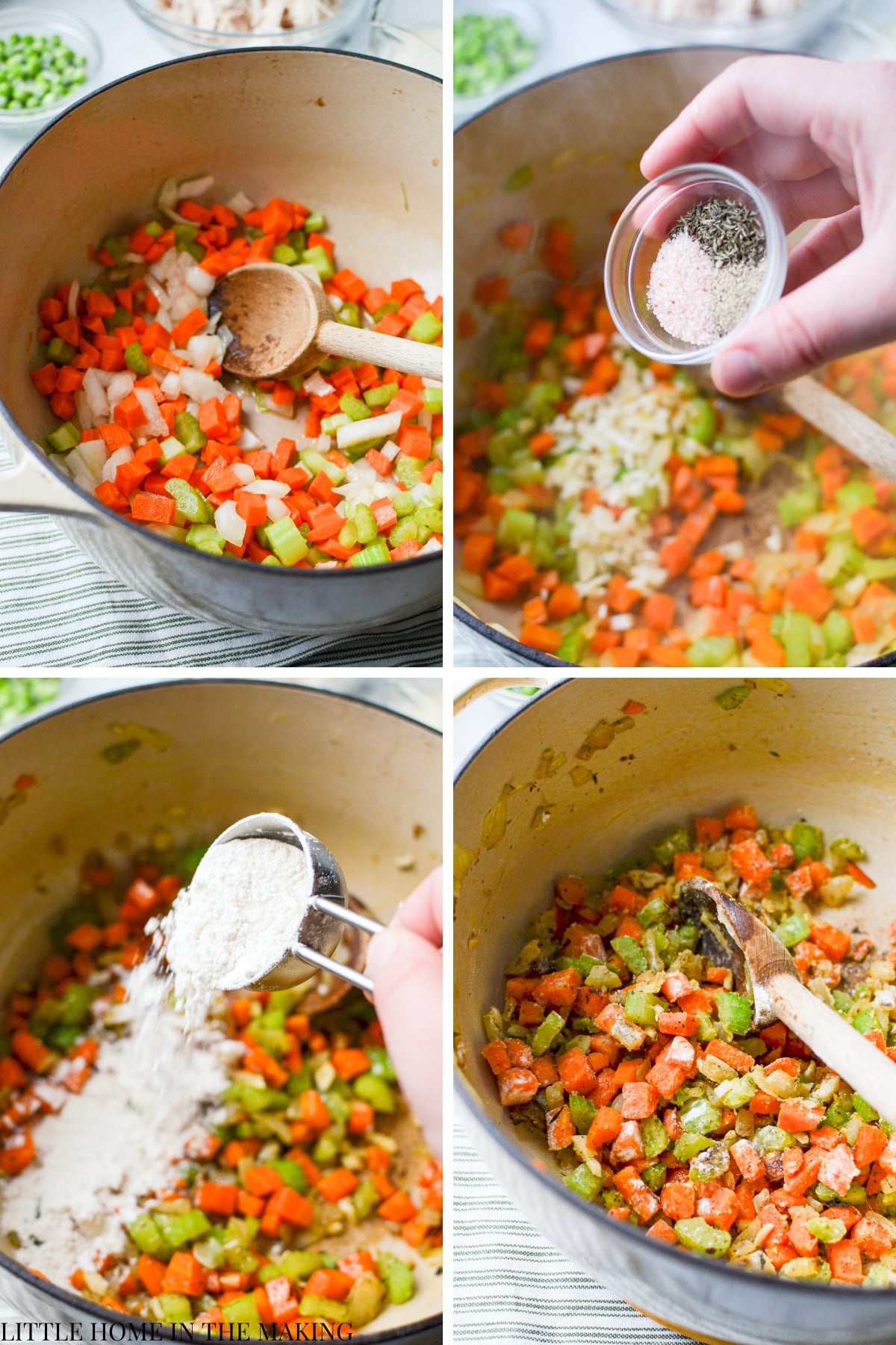 Softening vegetables in a Dutch Oven and sprinkling in flour.