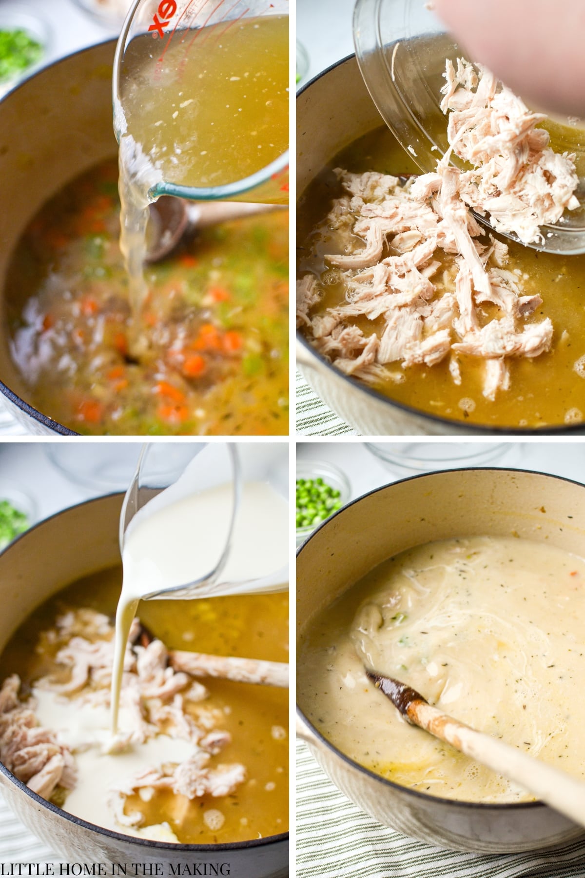 Adding broth and chicken to a Dutch Oven.