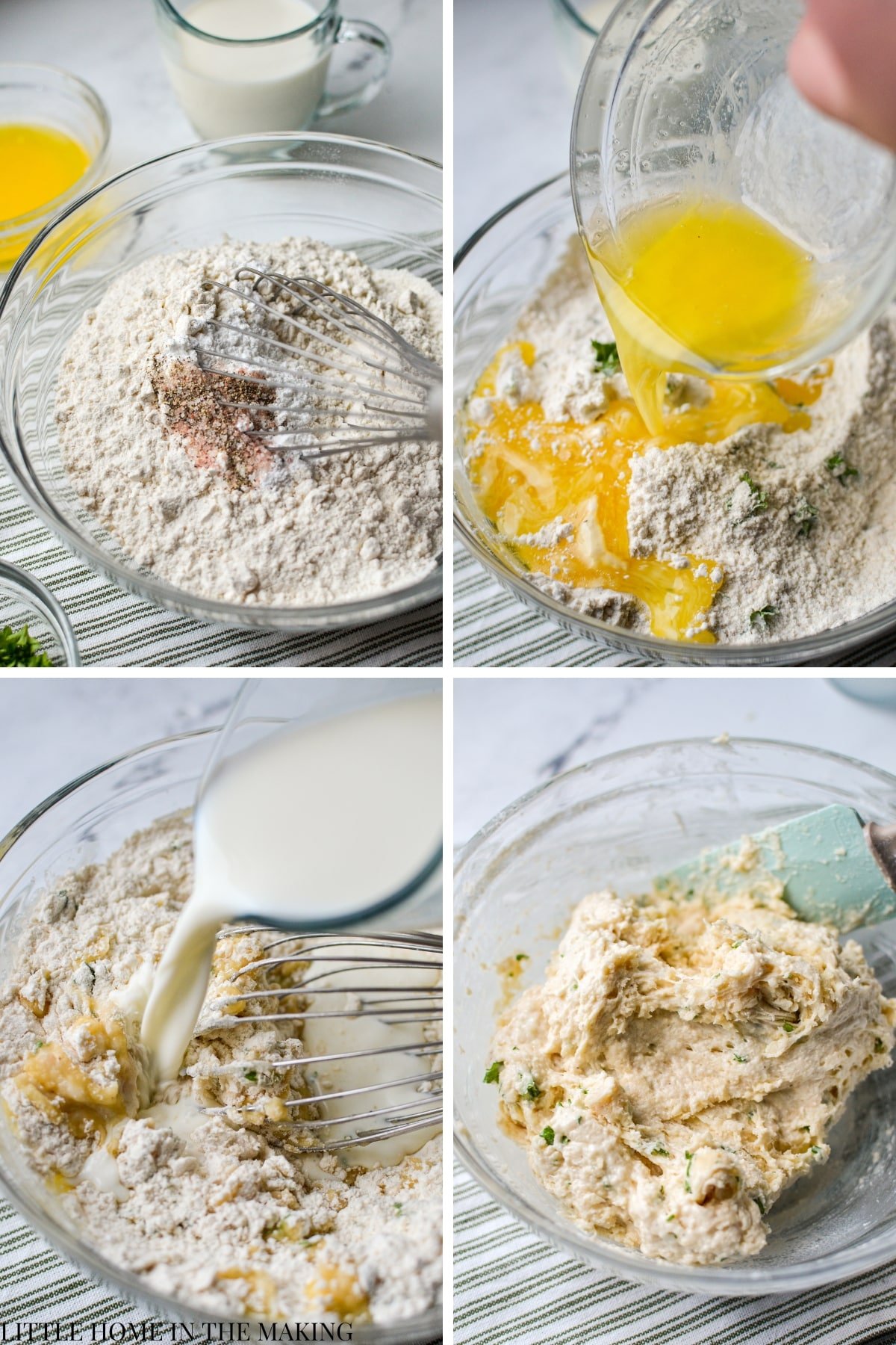 Adding melted butter and milk to a bowl of dry ingredients.