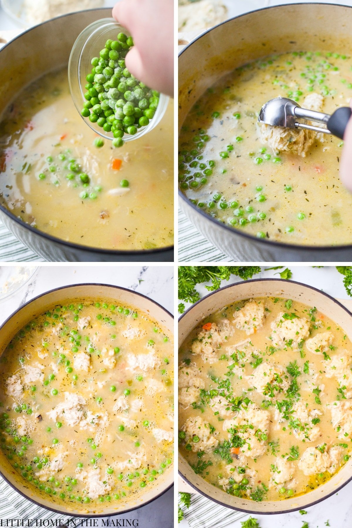 Adding peas and dumplings to a simmering stew.