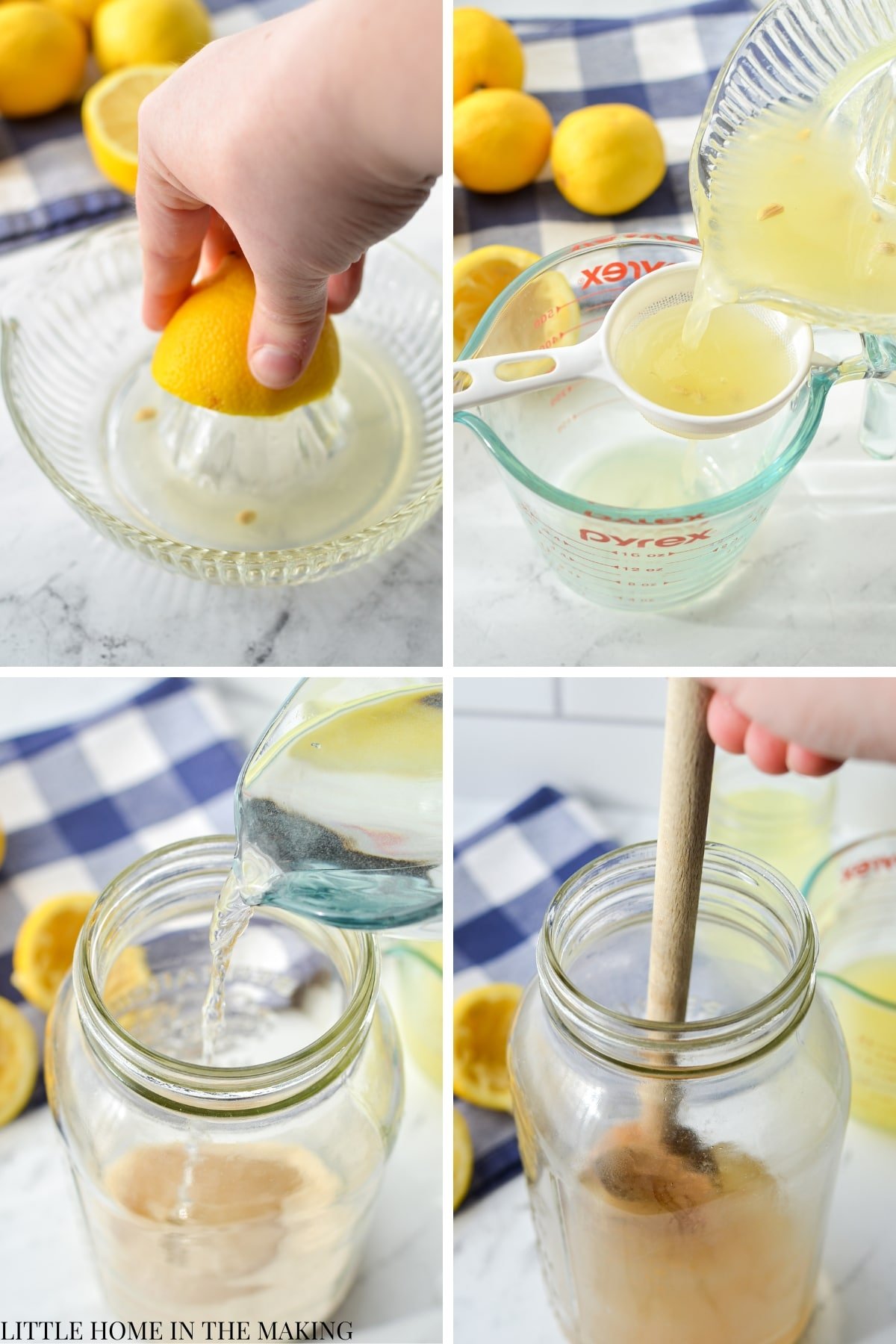 Squeezing lemons to get the juice, and then stirring sugar and hot water together.
