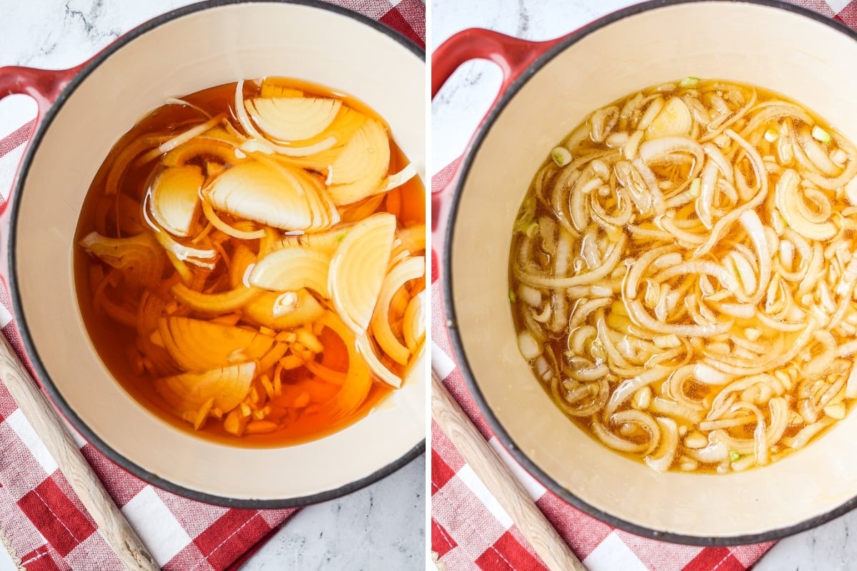 Simmering onions in honey until soft.