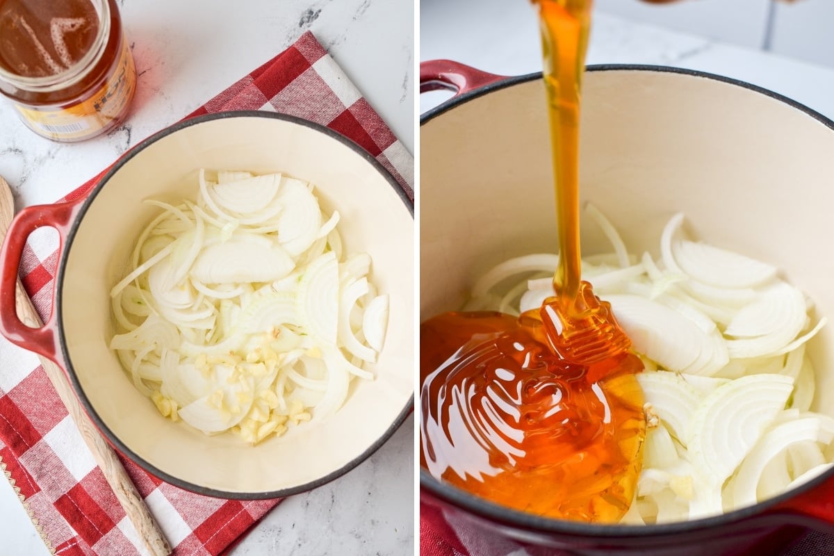 Adding honey to a pot with sliced onions.
