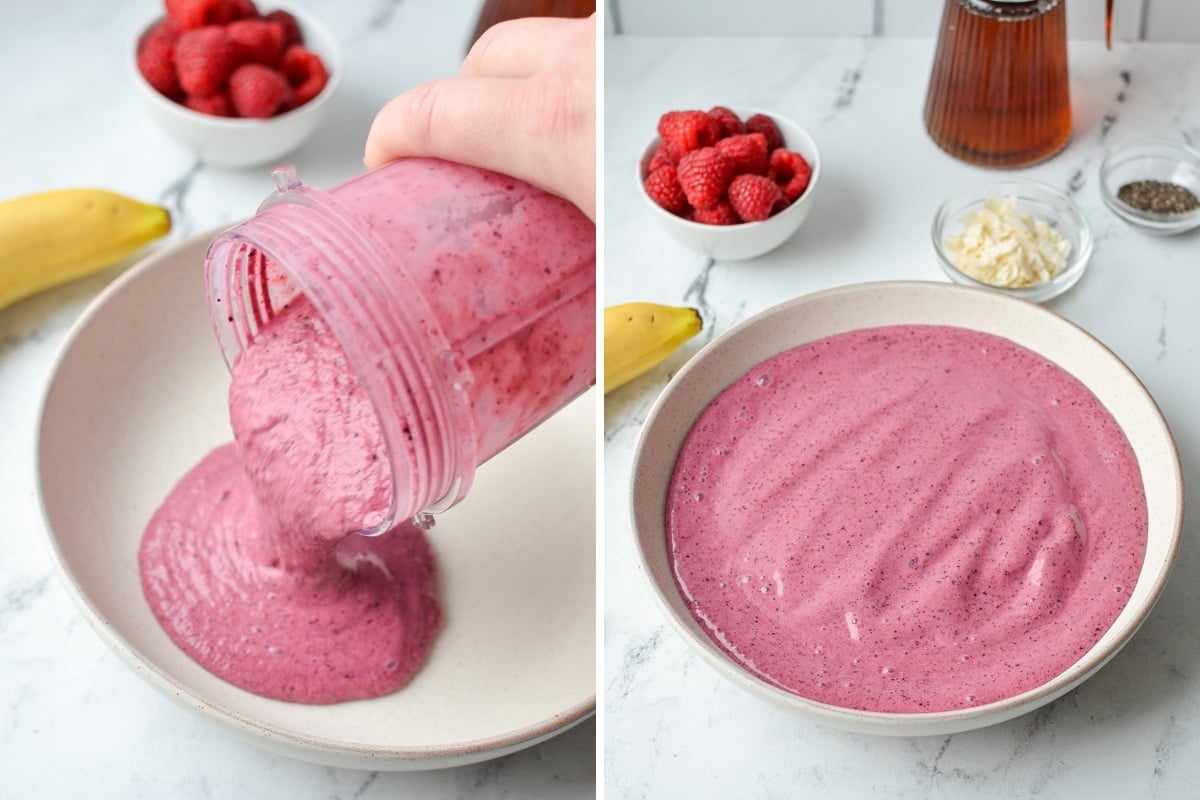 Pouring milk kefir into a bowl.