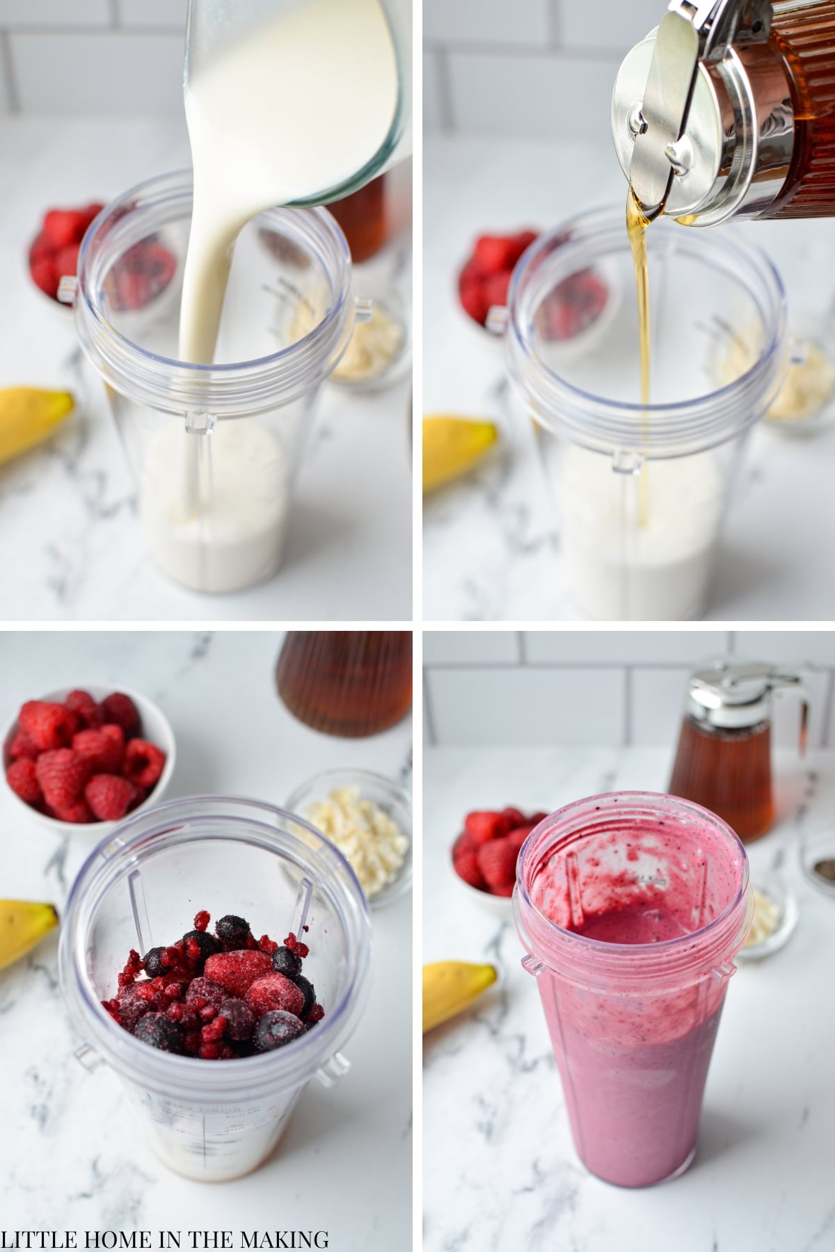 Adding kefir, maple syrup, and fruit to a blender cup.