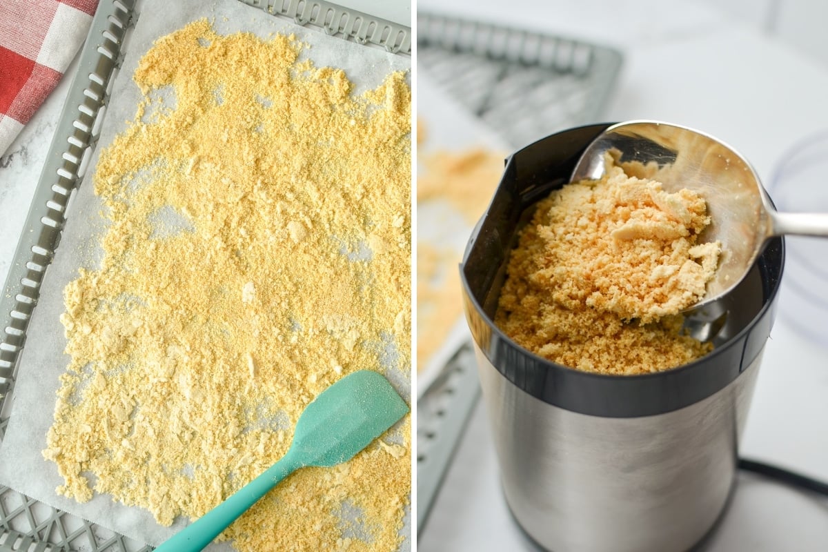 Grinding onion powder in a coffee grinder.